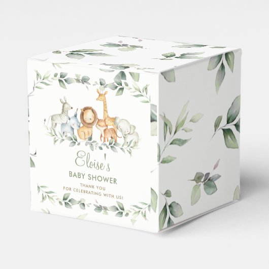 シックなジャングルアニマルズグリーンリーベビーシャワー誕生日 フェイバーボックス (正面サイド)