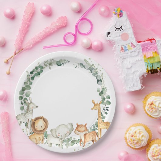 シックなジャングルアニマルズグリーンリーベビーシャワー誕生日 ペーパープレート (パーティー)
