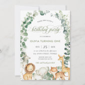 シックなジャングルアニマルズグリーンリー1st誕生日パーティー 招待状 (正面)