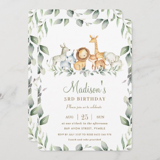 シックなジャングルアニマルズグリーン誕生日ボーイガール 招待状 (正面/裏面)