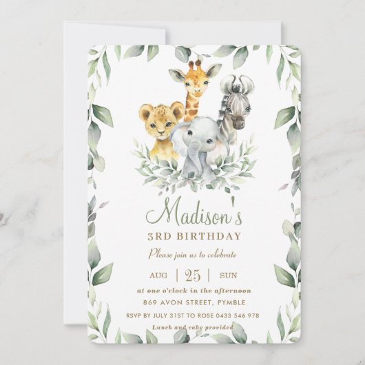 シックなジャングルアニマルズグリーン誕生日ボーイガール 招待状 (正面)