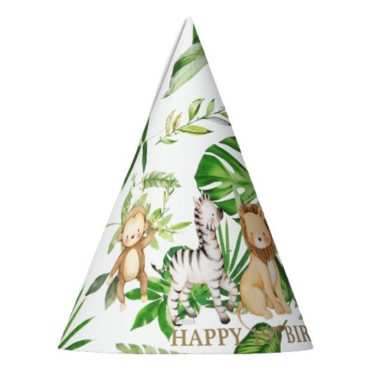 シックなジャングルアニマルズサファリ1st誕生日の緑 パーティーハット (左)