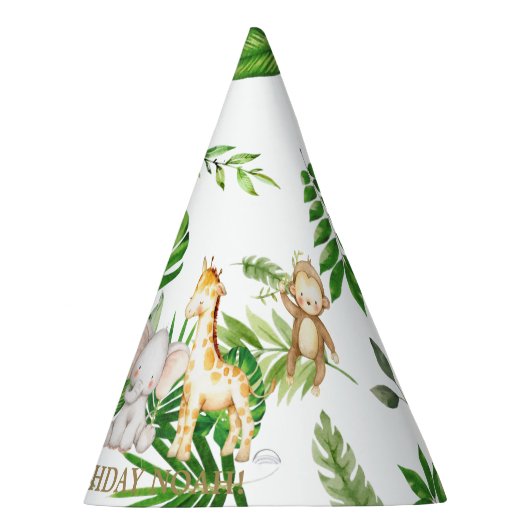 シックなジャングルアニマルズサファリ1st誕生日の緑 パーティーハット (右)