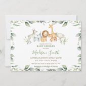 シックなジャングルアニマルズパステルグリーンリーベビーシャワー 招待状 (正面)