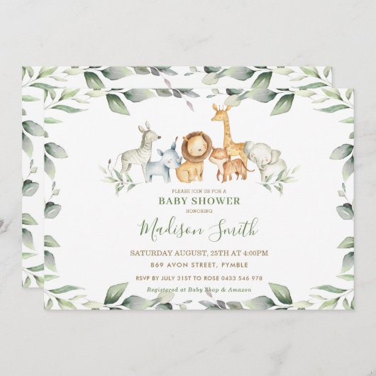 シックなジャングルアニマルズパステルグリーンリーベビーシャワー 招待状 (正面/裏面)