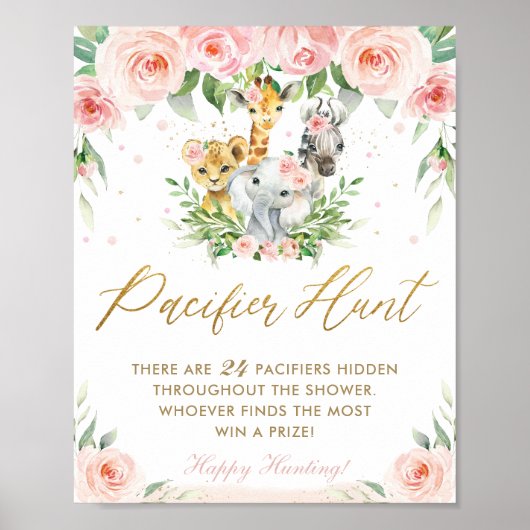 シックなジャングルアニマルズピンクフローラおしゃぶり狩りゲーム ポスター (正面)