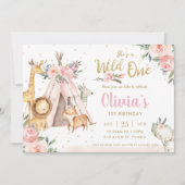 シックなジャングルアニマルトライバルワイルドワン1歳の誕生日 招待状 (正面)