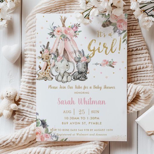 シックなジャングルアニマルボホトライバルガールベビーシャワー 招待状