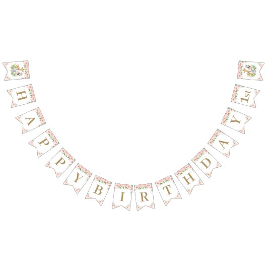 シックなジャングルアニマル赤面ピンクフローラ誕生日 バンティングフラッグ (全)