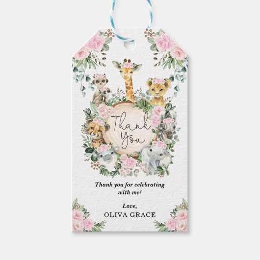 シックなジャングルサファリアニマルズ赤面フローラベビーガール ギフトタグ (正面)