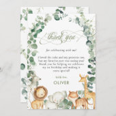 シックなジャングル動物が緑豊かな1歳の誕生日パーティー サンキューカード (正面/裏面)