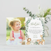 シックなジャングル動物たち – 緑の森第1回誕生日写真 サンキューカード (スタンド正面)