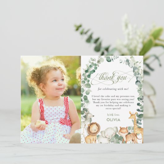 シックなジャングル動物たち – 緑の森第1回誕生日写真 サンキューカード (スタンド正面)