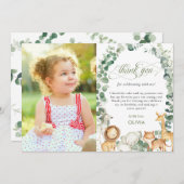 シックなジャングル動物たち – 緑の森第1回誕生日写真 サンキューカード (正面/裏面)