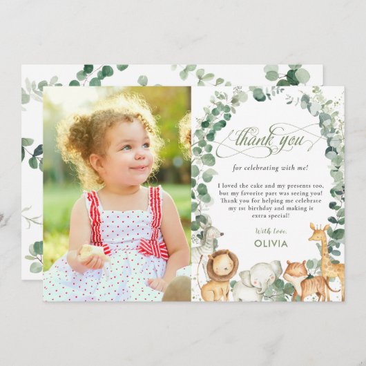 シックなジャングル動物たち – 緑の森第1回誕生日写真 サンキューカード (正面/裏面)