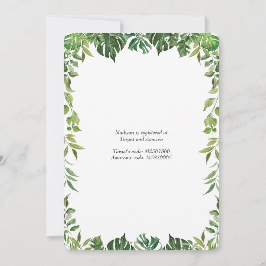 シックなジャングル動物の緑のサファリベイビーシャワー 招待状 (裏面)