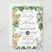 シックなジャングル動物の緑のサファリベイビーシャワー 招待状 (正面)