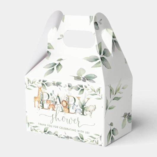 シックなジャングル動物の緑のニュートラルベビーシャワー フェイバーボックス (裏面サイド)