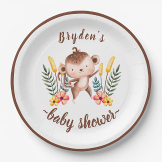 シックなジャングル動物の緑のニュートラルベビーシャワー ペーパープレート