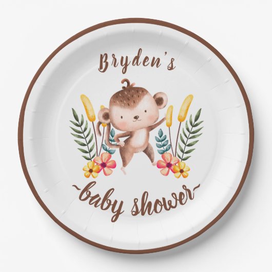 シックなジャングル動物の緑のニュートラルベビーシャワー ペーパープレート (正面)