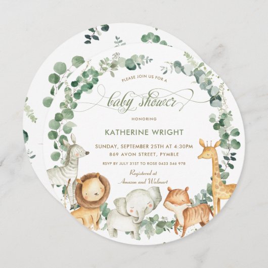 シックなジャングル動物の緑のニュートラルベビーシャワー 招待状 (正面/裏面)