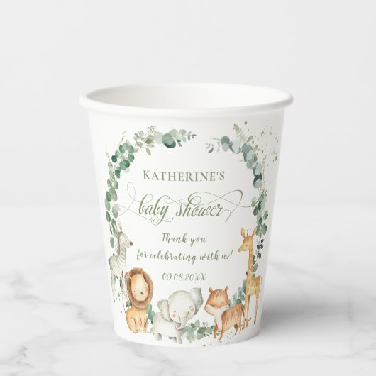 シックなジャングル動物の緑のニュートラルベビーシャワー 紙コップ (正面)