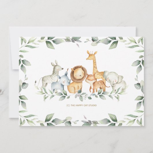 シックなジャングル動物の緑の本ベビーカード 招待状 (裏面)