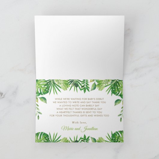 シックなジャングル動物の緑の誕生日ベビーシャワー サンキューカード (内部)