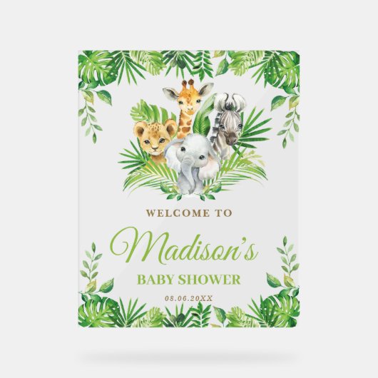 シックなジャングル動物の緑の赤ちゃんシャワーへようこそ アクリルサイン (正面)