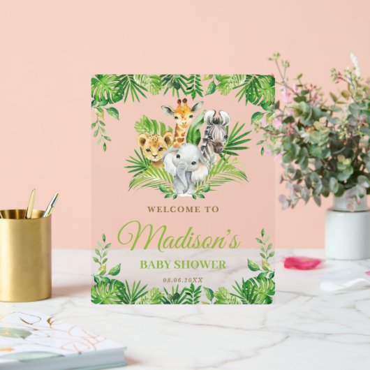 シックなジャングル動物の緑の赤ちゃんシャワーへようこそ アクリルサイン (ウェディング)