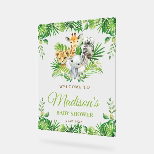 シックなジャングル動物の緑の赤ちゃんシャワーへようこそ アクリルサイン (傾斜)