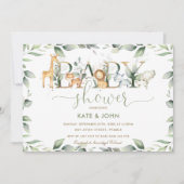 シックなジャングル動物の緑の赤ちゃんシャワーニュートラル 招待状 (正面)