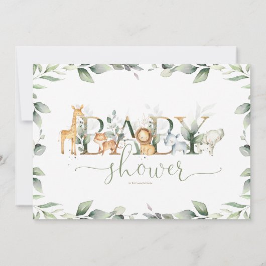 シックなジャングル動物の緑の赤ちゃんシャワーニュートラル 招待状 (裏面)