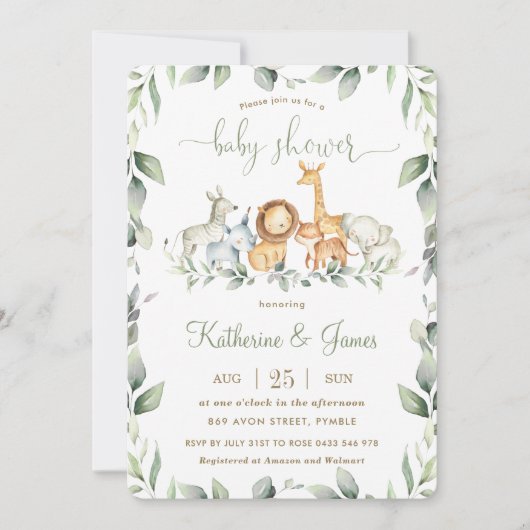 シックなジャングル動物の緑の赤ちゃんシャワーニュートラル 招待状 (正面)