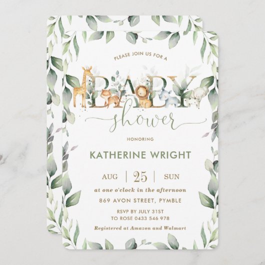 シックなジャングル動物の緑の赤ちゃんシャワー男の子 招待状 (正面/裏面)