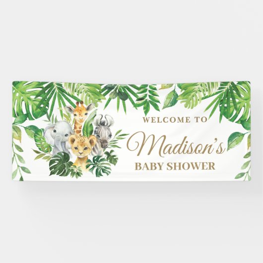 シックなジャングル動物の緑の赤ちゃんシャワー背景 横断幕 (横)