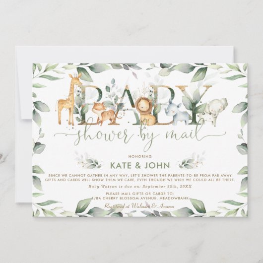 シックなジャングル動物の緑の赤ちゃんシャワーbyメール 招待状 (正面)