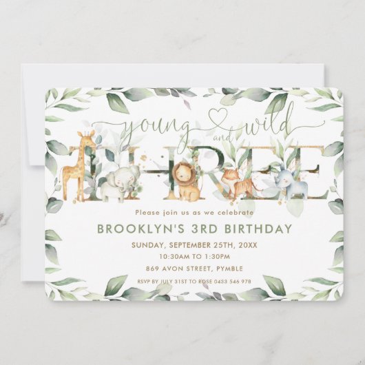 シックなジャングル動物の緑の野生の3番目の誕生日 招待状 (正面)