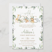 シックなジャングル動物の緑1st誕生日の男の子 招待状 (正面)