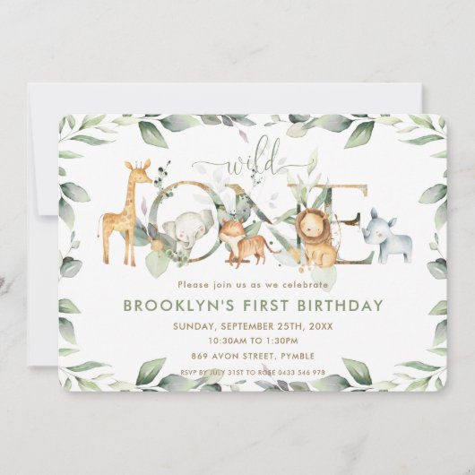 シックなジャングル動物の緑1st誕生日ワイルドワン 招待状 (正面)