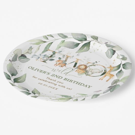 シックなジャングル動物の緑2nd誕生日2野生 ペーパープレート (アングル)