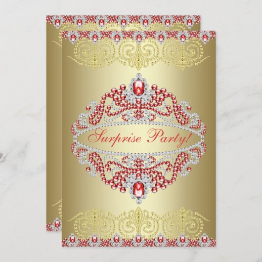 シックなジュエルティアラとフルーアデライスサプライズパーティー 招待状 (正面/裏面)