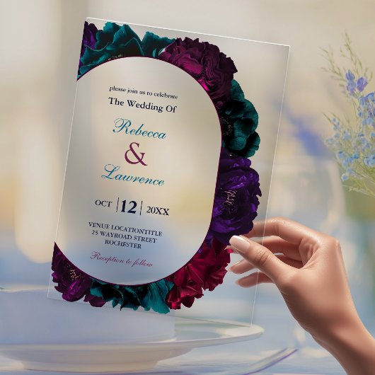 シックなジュエルトーンネイビーブルゴーニュ結婚フローラ アクリル招待状