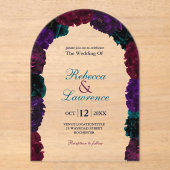 シックなジュエルトーンフローラブルゴーニュ結婚ー海軍のアーチ アクリル招待状 (正面)