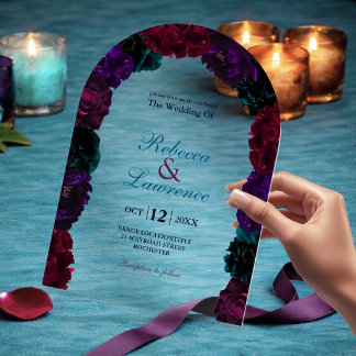 シックなジュエルトーンフローラブルゴーニュ結婚ー海軍のアーチ アクリル招待状