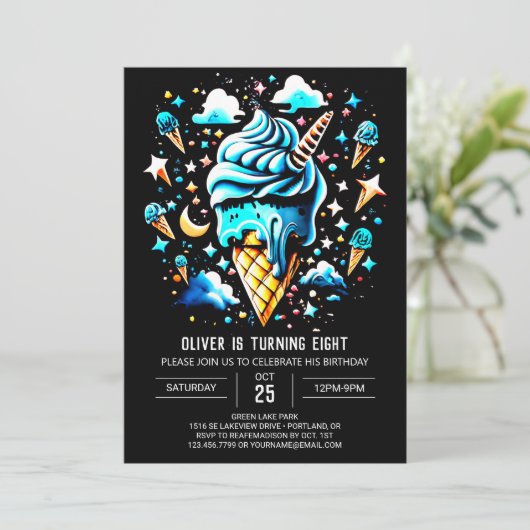 シックなスウィートボーイズ少年アイスクリーム誕生日 招待状 (スタンド正面)