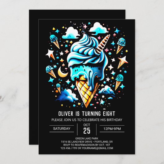 シックなスウィートボーイズ少年アイスクリーム誕生日 招待状 (正面/裏面)