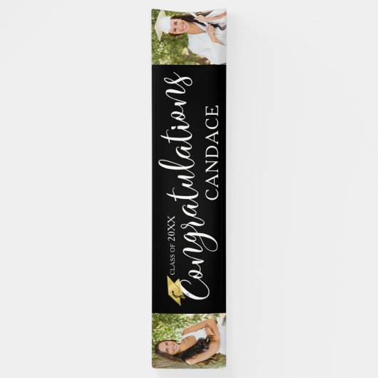 シックなスクリプトおめでとう写真卒業ブラック 横断幕 (縦)