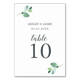 シックなスクリプトのユーカリのミニマル葉結婚の テーブルナンバー