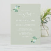 シックなスクリプトのユーカリのミニマル葉結婚の 招待状 (スタンド正面)